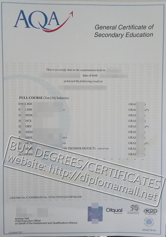 A Level certificate from AQA